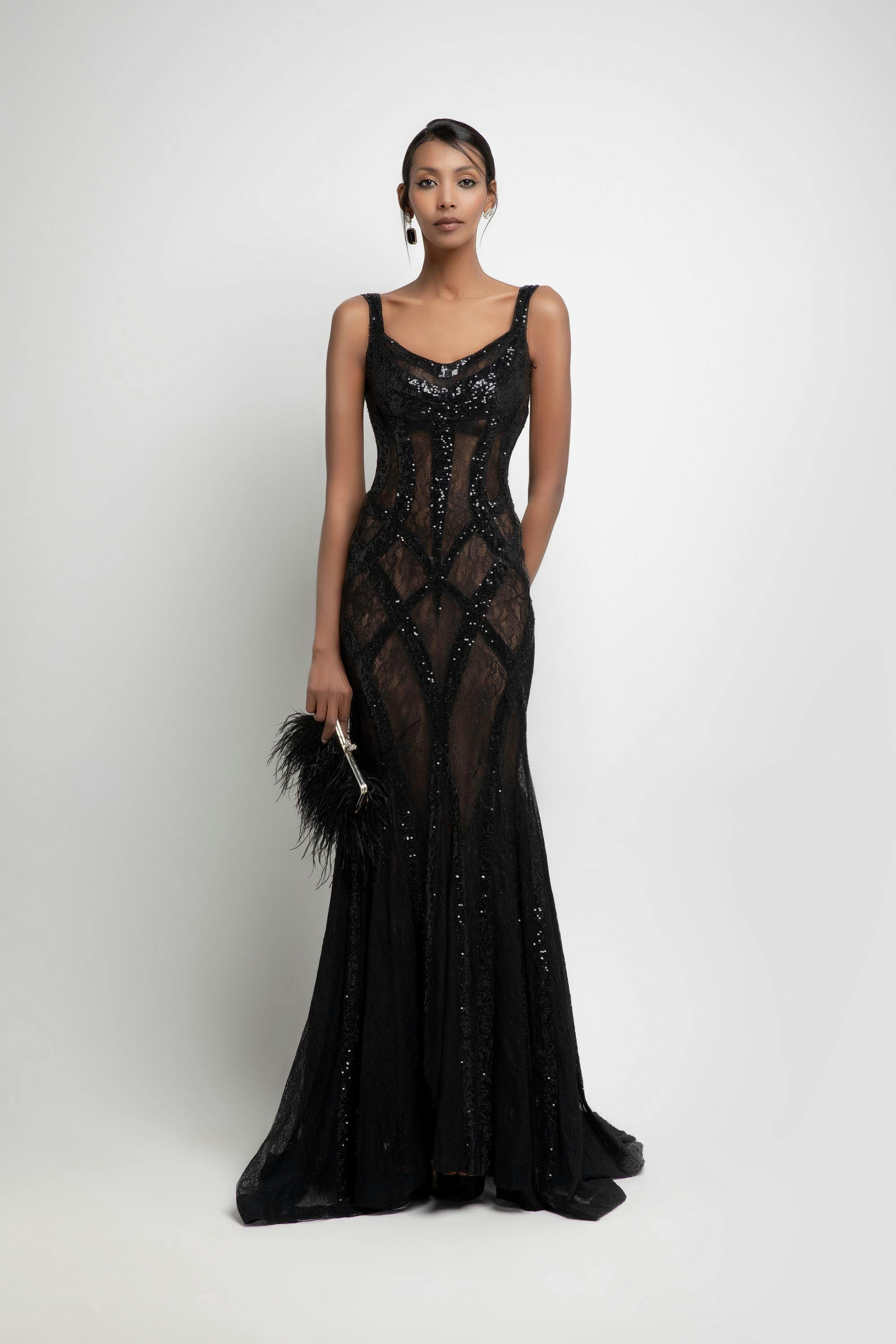 Look 10 A - Jean fares couture - JFC- maxi black transparant dress with gliter
