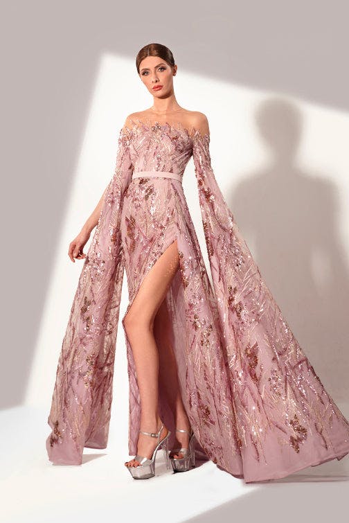 Look 15 - embroded sexy maxi pink dress with long sleeves