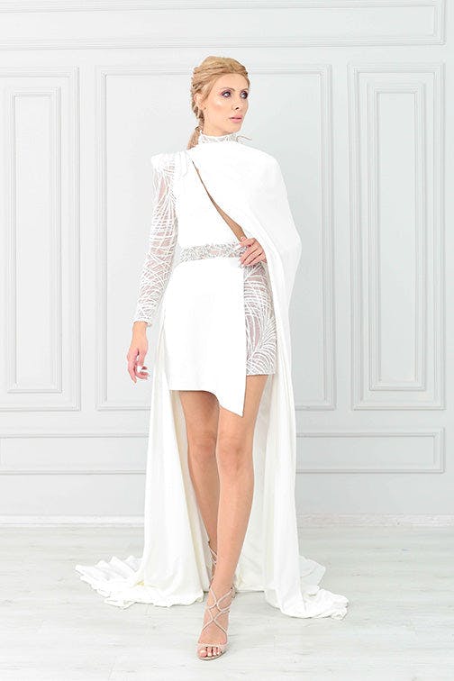 Look 15 - White Short Dress With Train - Jean Fares Couture