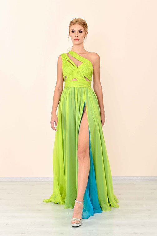 Look 19 - Green And Blue Flowin Dress With Slit - Jean Fares Couture