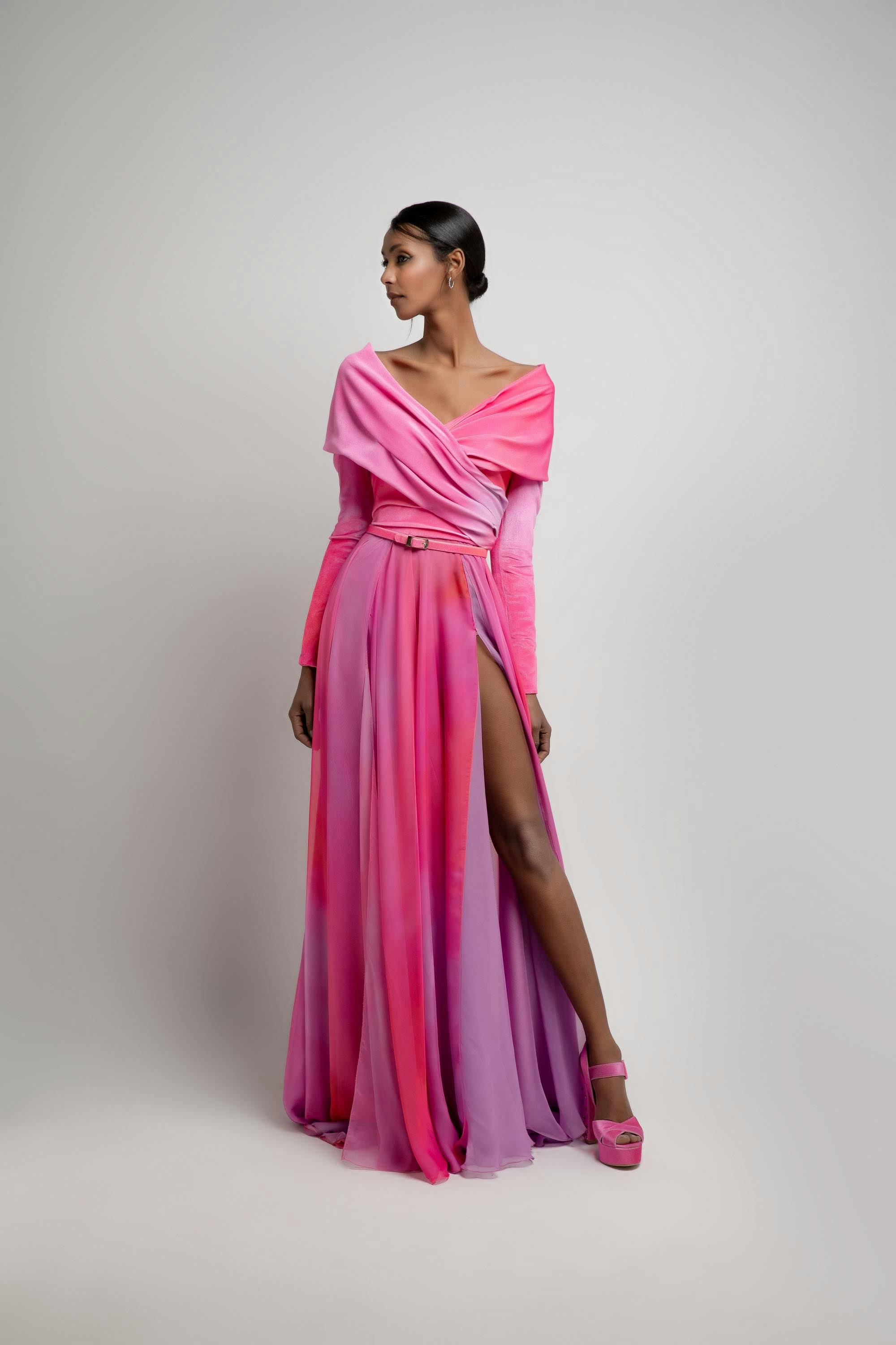 Look 2 - Jean fares couture - JFC-pink dress with long sleev,split leg and belt