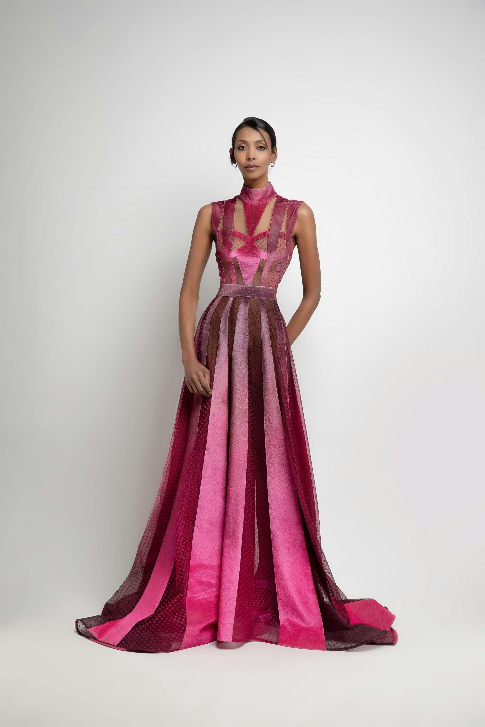 Look 25 - Jean fares couture - JFC- grecian neck pink layerd long dress