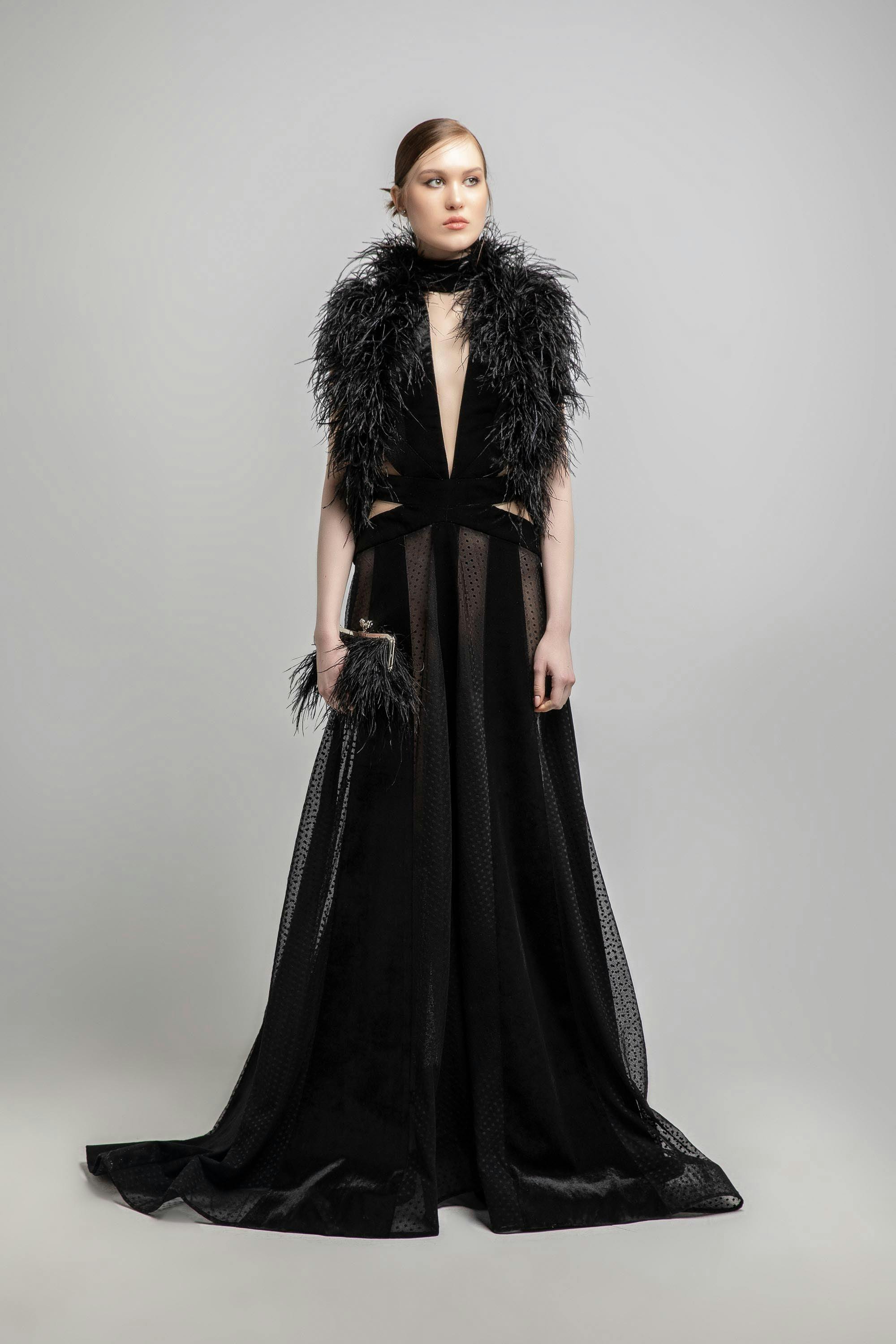 Look 28 - Jean fares couture - JFC-long black deep V-neck dress with feathers