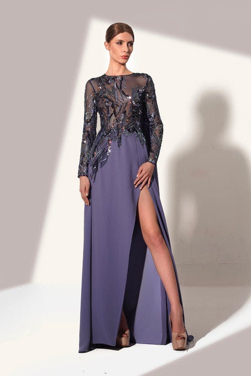 Look 32 - elegant dress with sequins on sheer long sleeves - jfc