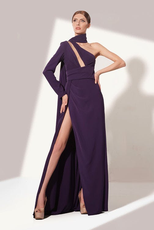 Look 34 - one sleve long purple simple dress - jfc - jean fares couture