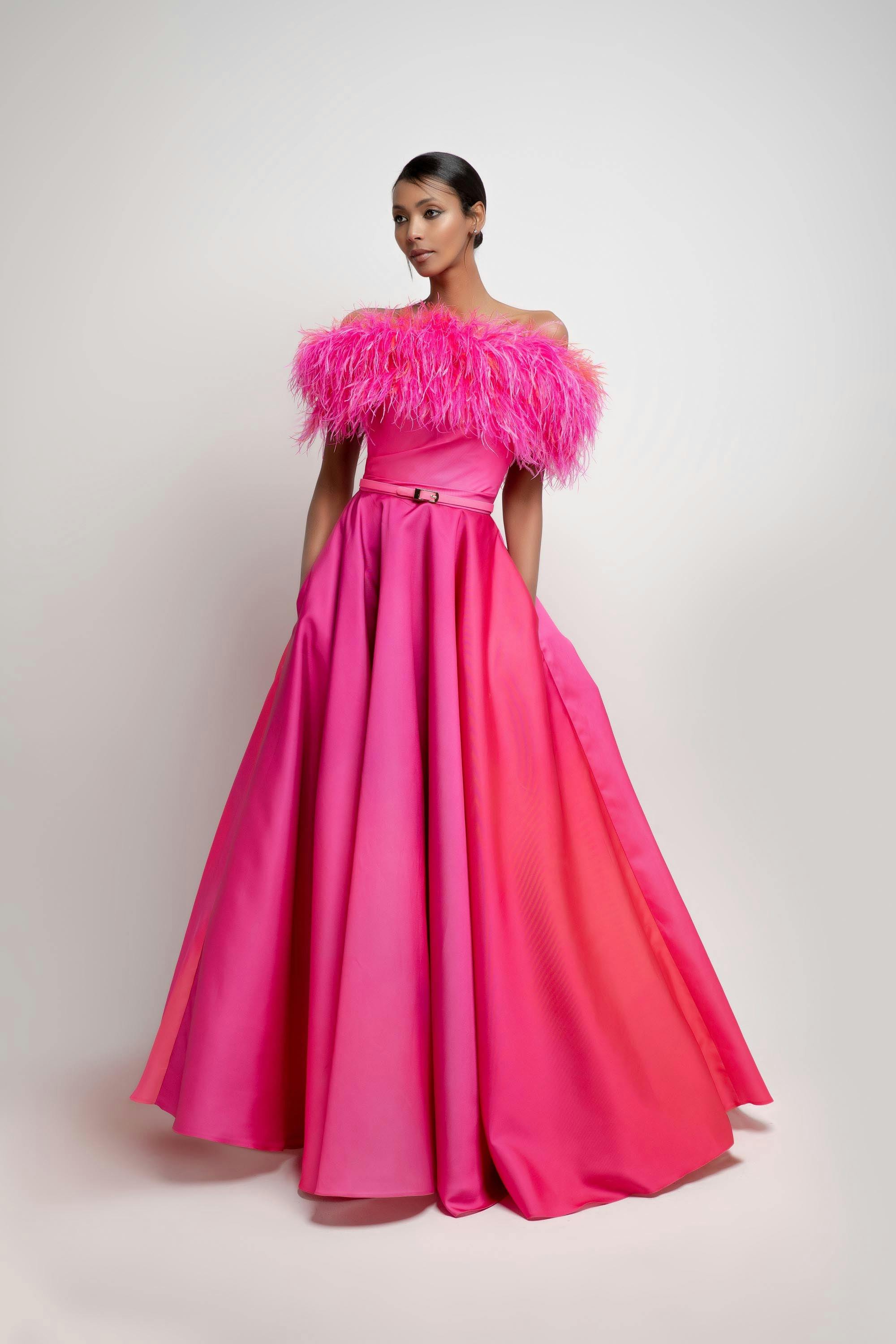 Look 5 - Jean fares couture - JFC- OFF-shoulders long feathers fushia dress with belt