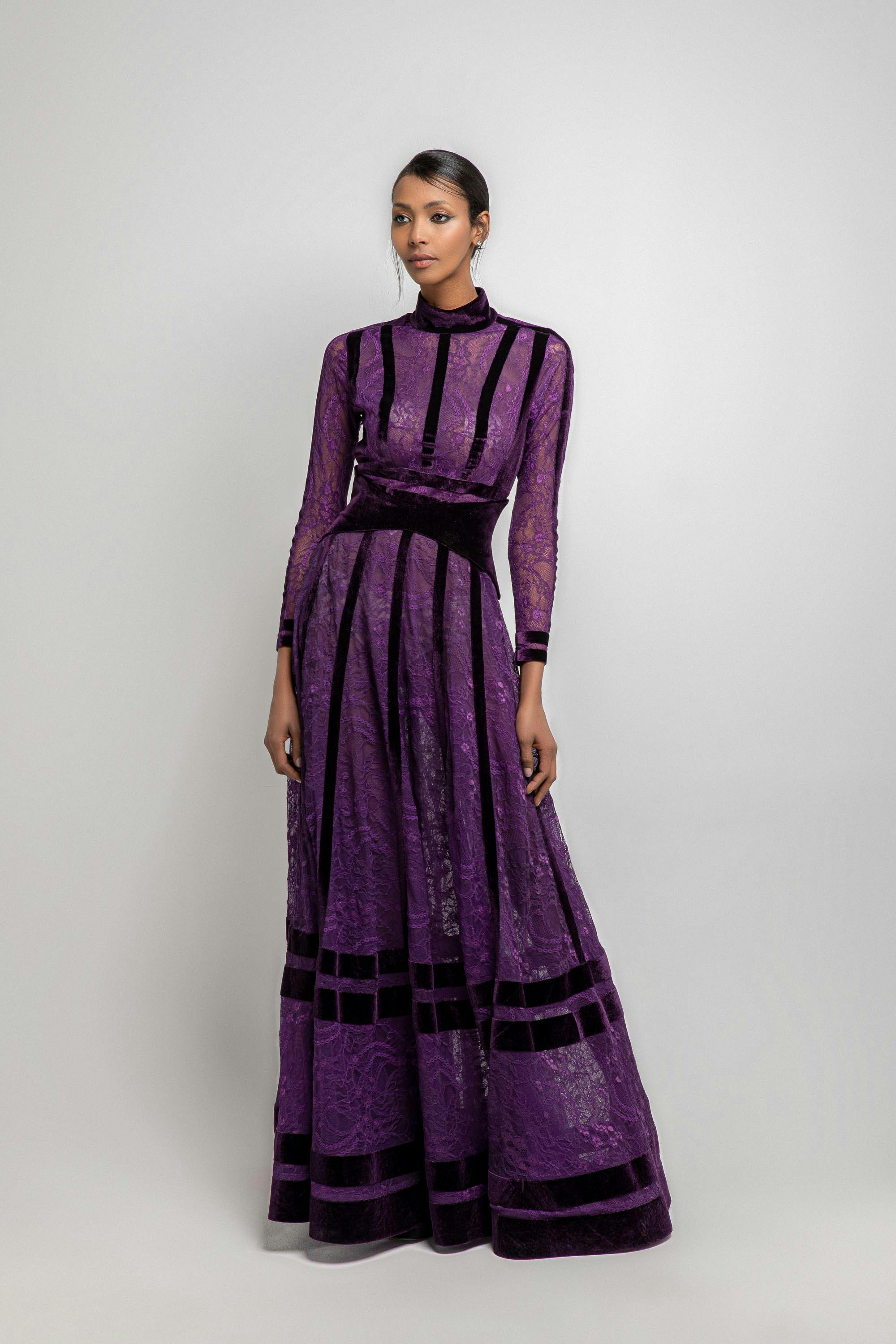 Look 8 - Jean Fares Couture-JFC-high neck ,long sleev, purple dentelle dress
