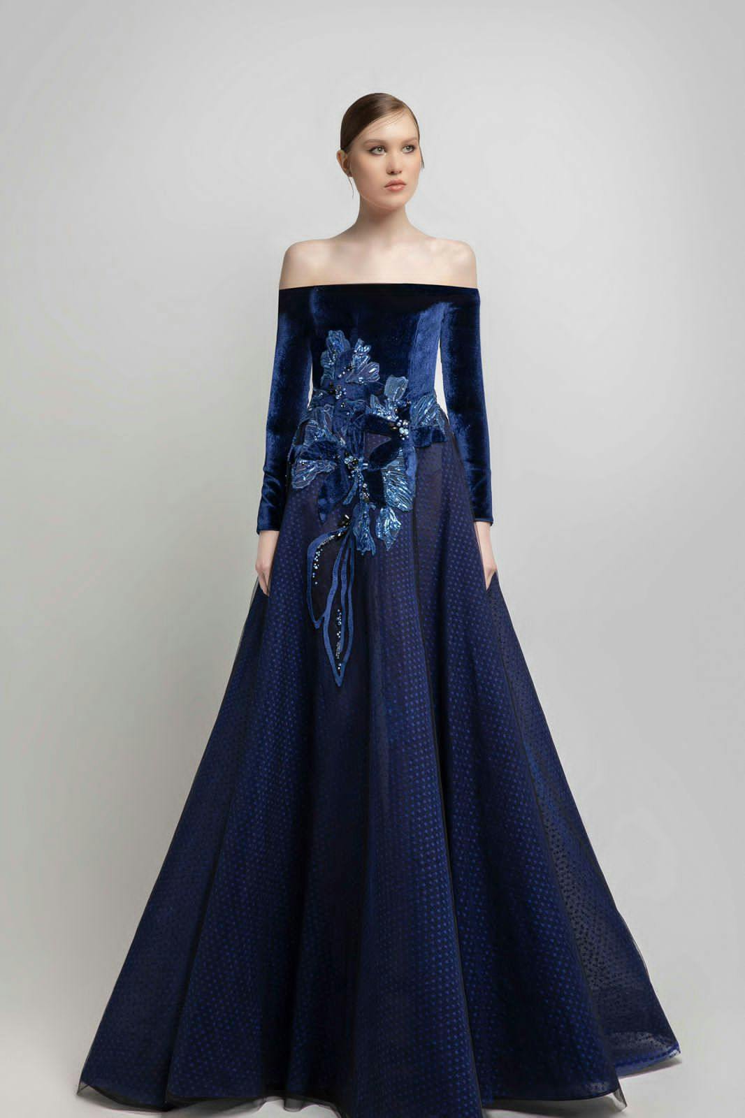 Look 13 - Jean Fares Couture-JFC-Off-shoulder,long sleeve dark bleu velvet dress